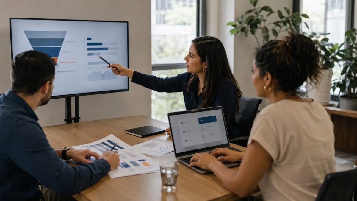 Profissionais revisando dados de um sistema num monitor sobre a mesa de reunião