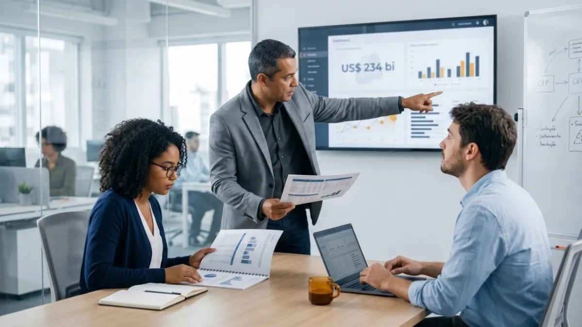 Profissionais revisando dados de um sistema num monitor sobre a mesa de reunião