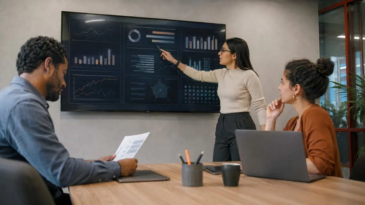 Profissionais revisando dados de um sistema num monitor sobre a mesa de reunião