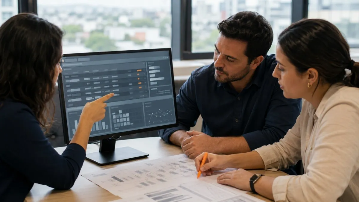 Profissionais revisando dados de um sistema num monitor sobre a mesa de reunião