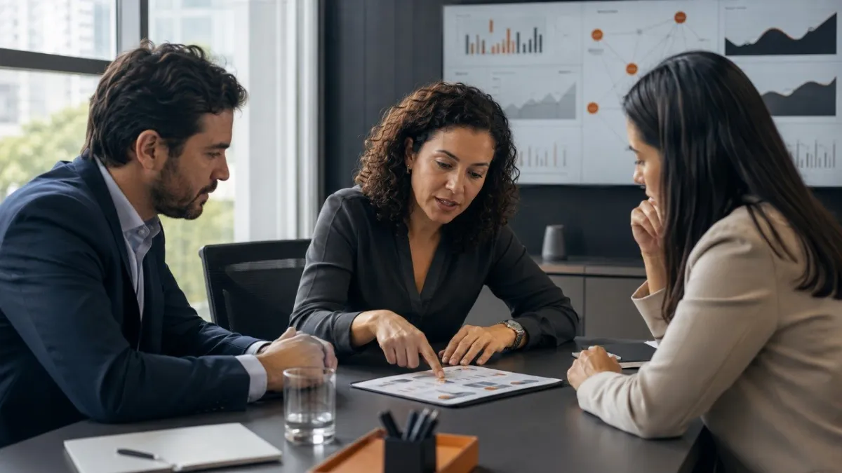 Profissionais revisando dados de um sistema num monitor sobre a mesa de reunião
