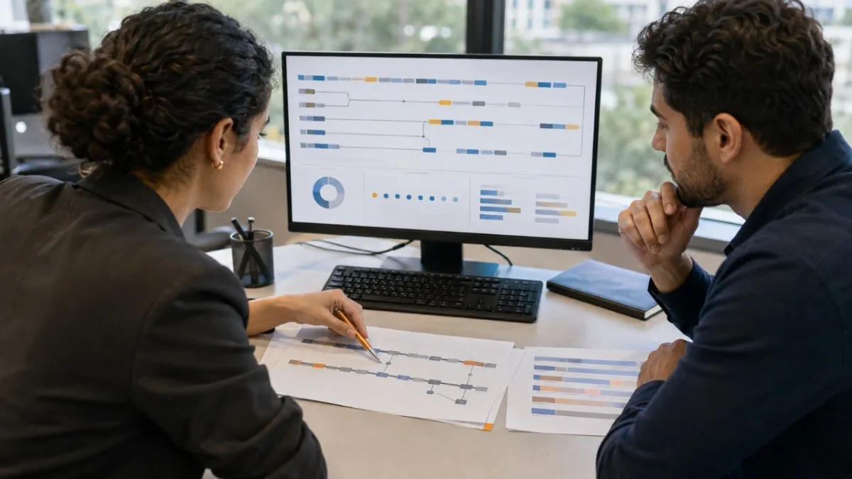 Profissionais revisando dados de um sistema num monitor sobre a mesa de reunião