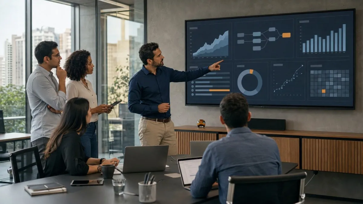 Equipe de negócio analisando um painel de indicadores numa tela grande em um escritório