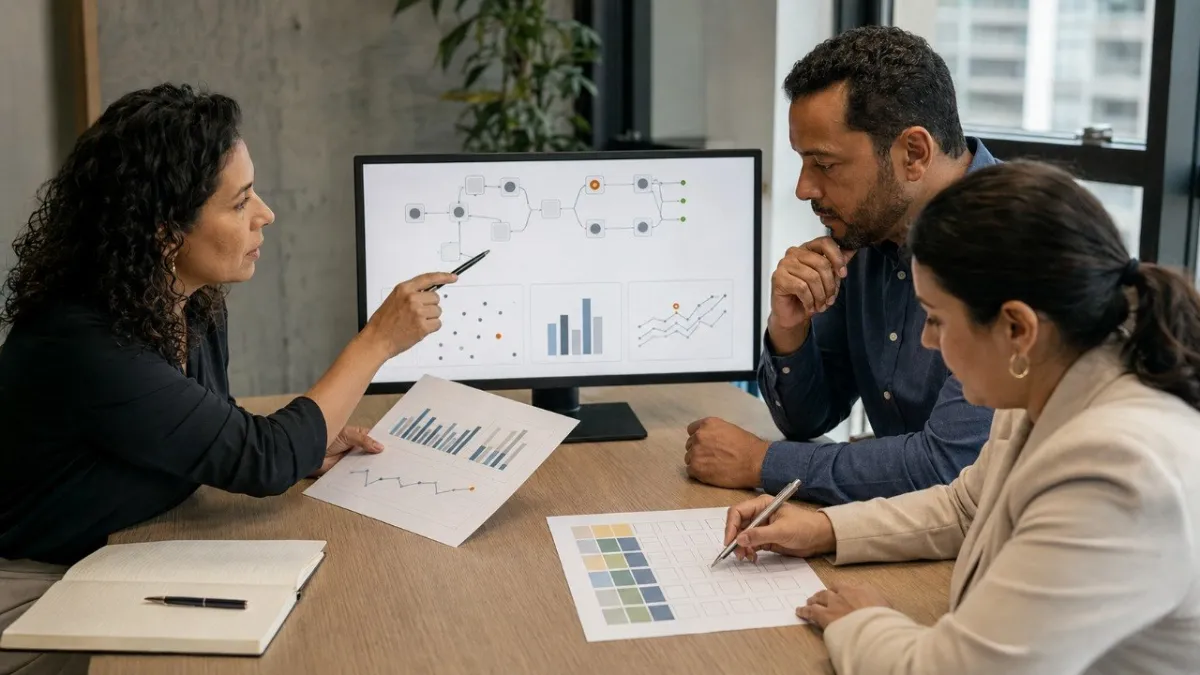 Profissionais revisando dados de um sistema num monitor sobre a mesa de reunião
