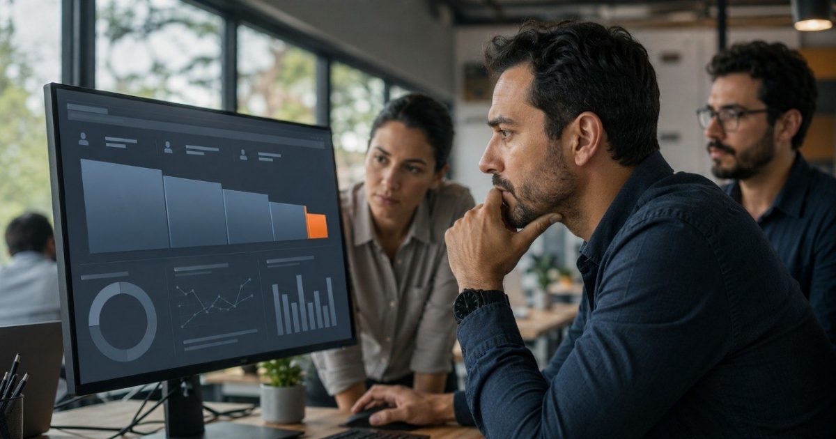 Equipe de negócio analisando um painel de indicadores numa tela grande em um escritório