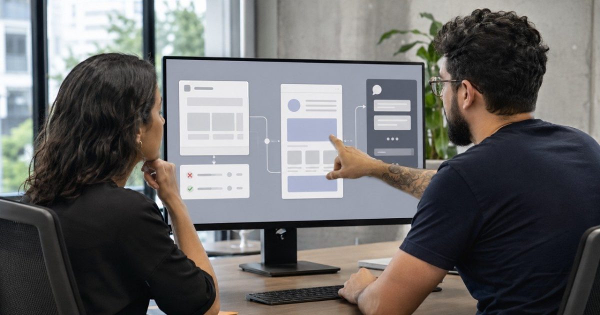 Equipe de negócio analisando um painel de indicadores numa tela grande em um escritório