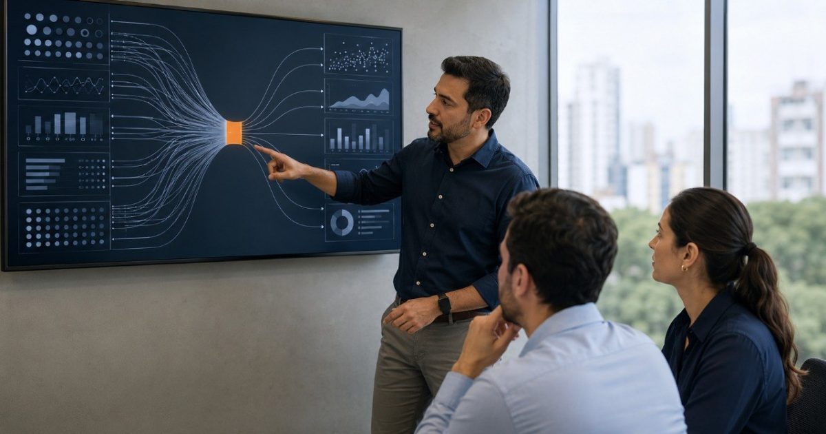 Equipe de negócio analisando um painel de indicadores numa tela grande em um escritório