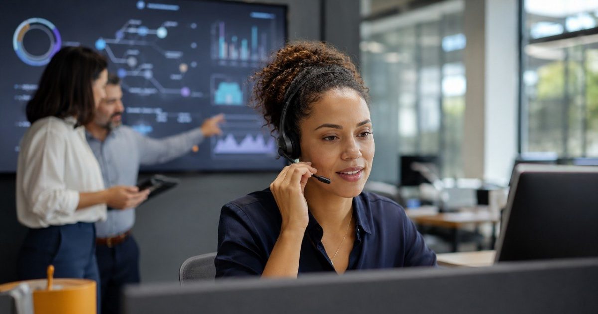 Equipe de negócio analisando um painel de indicadores numa tela grande em um escritório