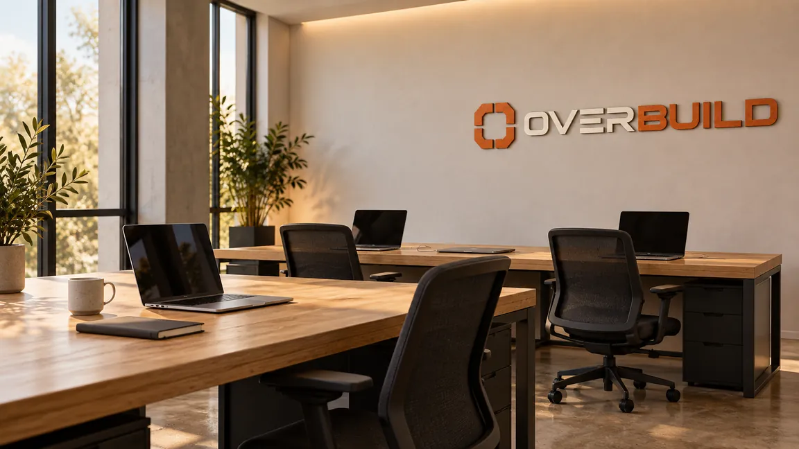 Escritório da Overbuild: mesas de madeira com notebooks, cadeiras pretas, plantas e a logo Overbuild na parede ao fundo.